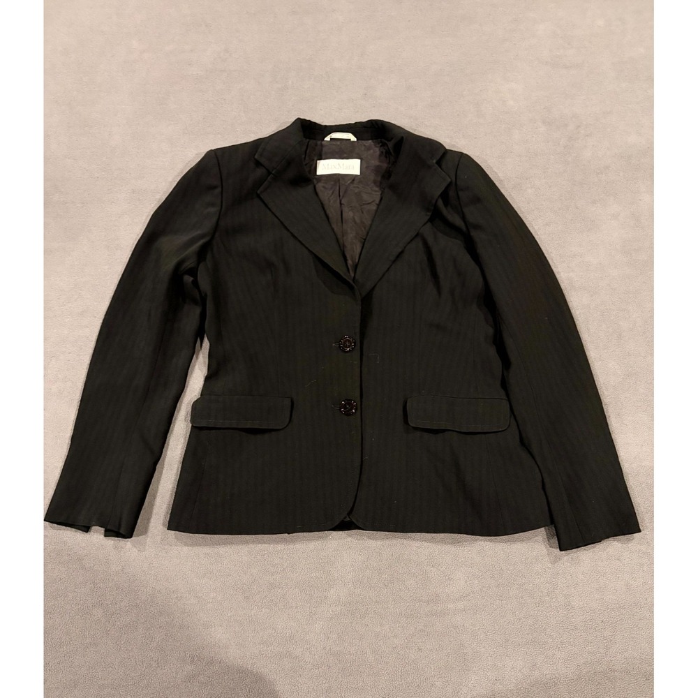 Max Mara Blazer Jacket Womens 10 Black Striped Lined Single Breasted Notch Lapel